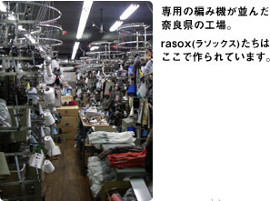 1. 専用の編み機が並んだ奈良県の工場。rasox(ラソックス)たちはここで作られています。