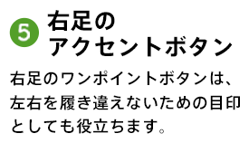 5.右足のアクセントボタン 右足のワンポイントボタンは、左右を履き違えないための目印としても役立ちます。