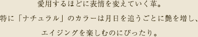 愛用するほどに表情を変えていく革。特に「ナチュラル」のカラーは月日を追うごとに艶を増し、エイジングを楽しむのにぴったり。