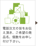 電話注文の胸をお伝え頂き、ご希望の商品名、個数をお申し付け下さい。